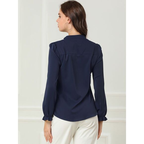 Workwear Blouse Button Up Ruffle Collar Long Sleeve Chiffon Shirt Navy Blue - Picture 5 of 6